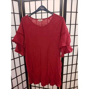 Umgee Tunic Top Red Size Large Tiered Short Sleeve Fringe Lagenlook Pullover